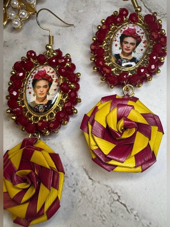 Jewelry - Frida Kahlo Red & Yellow Statement Artisan Earrings-Made in Mexico NWOT